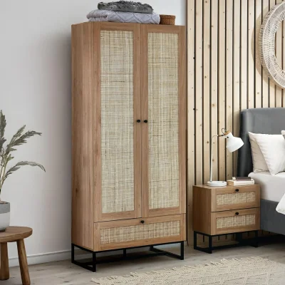 Happy Beds Padstow - Combination Wardrobe - Oak - Wooden/Rattan - Happy Beds