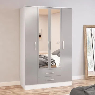 Happy Beds Lynx - 4 Door 2 Drawer Wardrobe With Mirror - White/Grey - Mirror/Wooden - Happy Beds