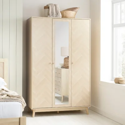 Happy Beds Herringford – 3 Door Mirror Wardrobe - Oak – Wooden – Happy Beds