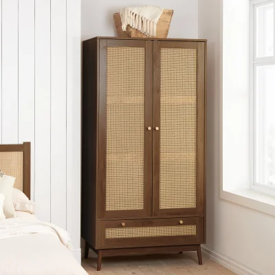 Happy Beds Croxley - 2 Door 1 Drawer Wardrobe - Walnut - Rattan - Wooden - Happy Beds