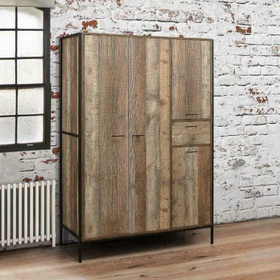 Happy Beds Urban Rustic - 4 Door Wardrobe - Oak/Black - Wooden/Metal - Happy Beds