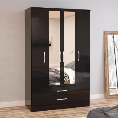 Happy Beds Lynx - 4 Door Combination Wardrobe With Mirror - Black - Wooden/Mirror - Happy Beds