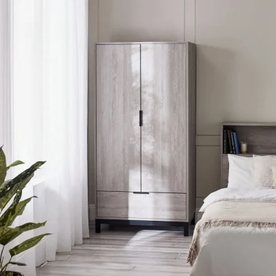Happy Beds Bali – 2-Door 1-Drawer Combination Wardrobe – Grey Oak – Wooden - Happy Beds