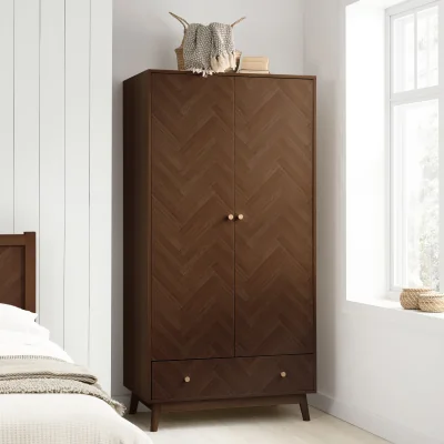 Happy Beds Herringford - 2 Door 1 Drawer Wardrobe - Walnut - Wooden - Happy Beds