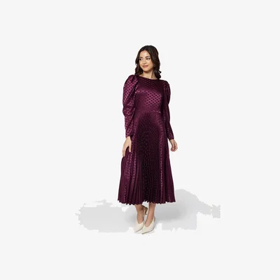 John Lewis Closet London Spot Jacquard Pleated Dress, Maroon