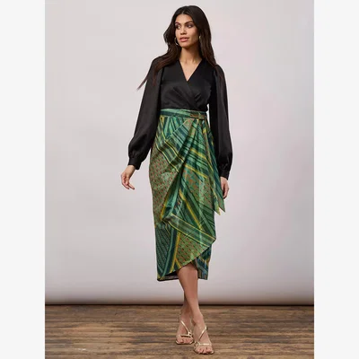 John Lewis Closet London Split Wrap Pencil Dress, Green/Multi