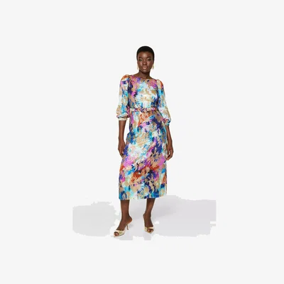 John Lewis Closet London Metallic Brushstroke Print Puff Sleeve Dress, Blue/Multi