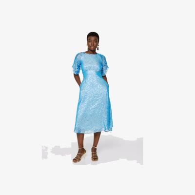 John Lewis Closet London Jacquard Spot Midi Dress, Blue/Gold