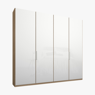 Made.com Caren 4 door 200cm Hinged Wardrobe, Oak Frame, White Glass Doors, Classic Interior