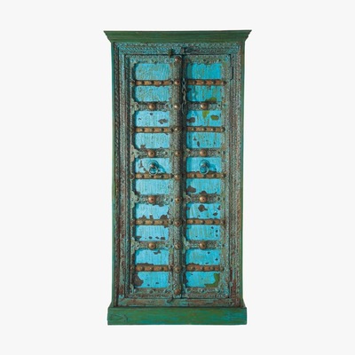 Maisons du Monde Solid mango wood Indian wardrobe in blue with distressed finish W 90cm Madras