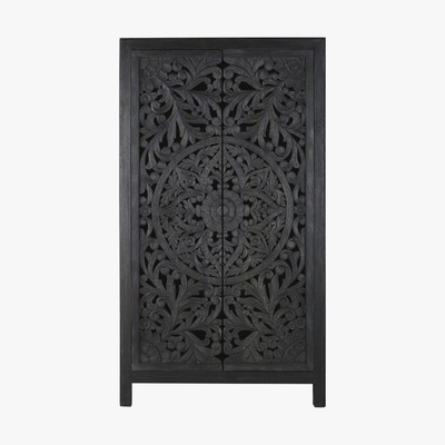 Maisons du Monde Blue-Black Carved Solid Mango Wood 2-Door Wardrobe Kerala