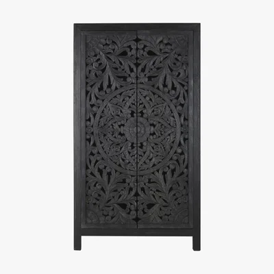 Maisons du Monde Blue-Black Carved Solid Mango Wood 2-Door Wardrobe Kerala