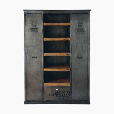 Maisons du Monde Antiqued Metal and Solid Mango Wood Industrial Closet Manufacture