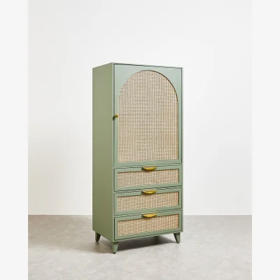 Oliver Bonas Bue Sage Green Mango Wood & Rattan Wardrobe