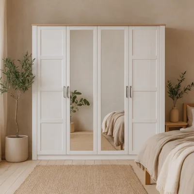 The Range Geneva 4-Door Wardrobe - Bright White Matt with Oak Tones and Mirrored Doors - White