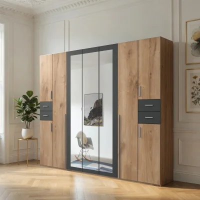 The Range Vegas 9 Door Wardrobe with 3 Mirrors and 4 Drawers - Oak