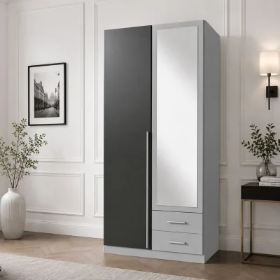 The Range Husem Grey and Graphite 2 Door 90cm Wardrobe with Mirror - Grey
