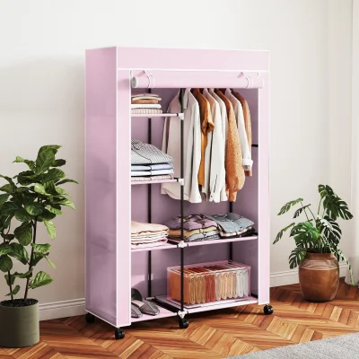 The Range Modern Wardrobe Portable Wardrobe with 6 Shelves 1 Hanging Rail - Pink