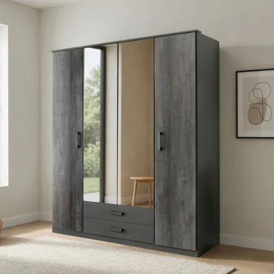 The Range Duisberg Grey and Digi Steel 4 Door 180cm Wardrobe with Mirror - Grey