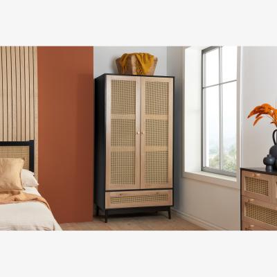 The Range Croxley 2 Door 1 Drawer Rattan Wardrobe - Black & Oak