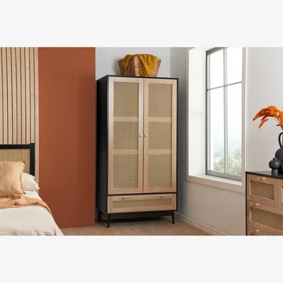 The Range Croxley 2 Door 1 Drawer Rattan Wardrobe - Black & Oak