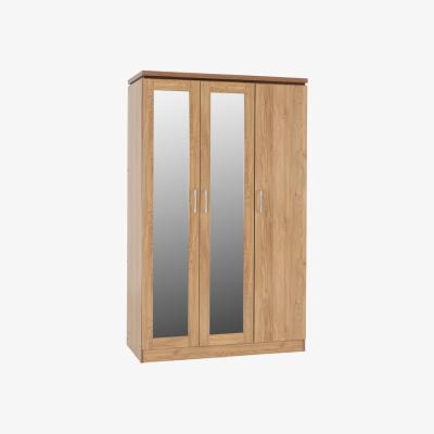 The Range Charles 3 Door All Hanging Mirrored Wardrobe Oak Effect Veneer with Walnut Trim - Oak Effect Veneer