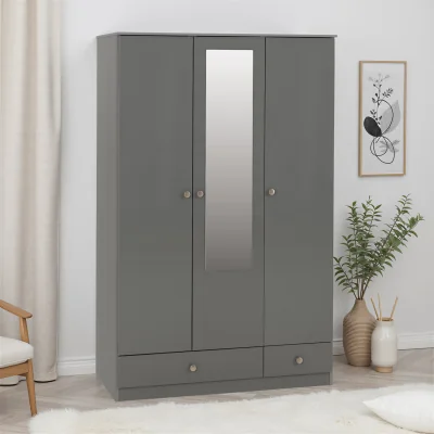 The Range Denver 3 Door 2 Drawer Mirrored Wardrobe - Grey Gloss - Grey Gloss
