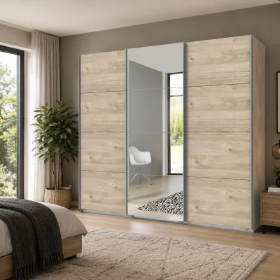 The Range Ernie 270cm 3 Door Mirrored Sliding Wardrobe in Hickory Oak - Oak
