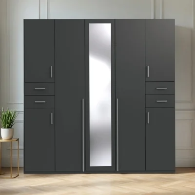 The Range Vegas Graphite 5 Door Wardrobe with Mirror and Drawers - Grey