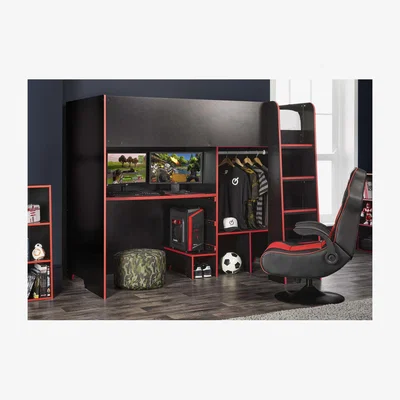 The Range Black High sleeper with Adjustable Desk-Top  Open Wardrobe with Red edging - Red