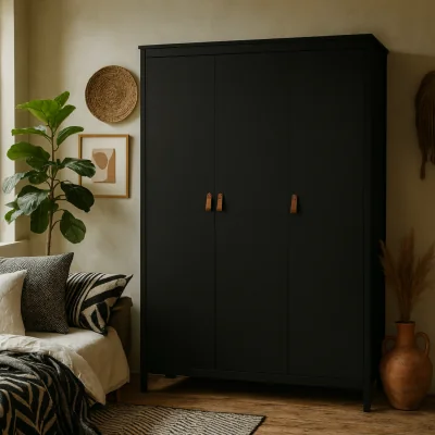 The Range Wyld Haus Wildberry Matt-Black 3-Door Wardrobe with Leather Tab Handles - Black