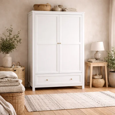 The Range Tulle 2-Door White Wood Wardrobe with Drawer - White
