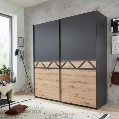 The Range Aberdeen 180cm Sliding Wardrobe in Graphite and Artisan Oak - Grey