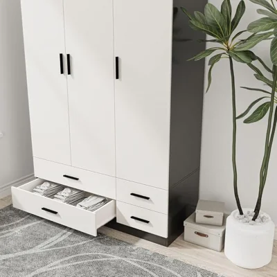 The Range Modern 3 Door 4 Drawer Wardrobe with Hanging Rail, Bedroom Furniture, Storage Sh - Black & White
