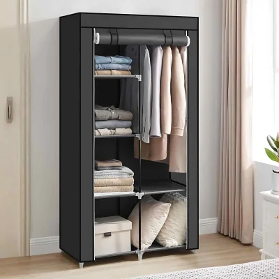 The Range Freestanding Clothes Storage Wardrobe with 6 Shelves and Hanging Rail, Fabric Closet, Black - Black
