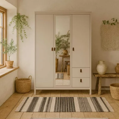 The Range Wildberry Cashmere 3-Door Wardrobe with Central Mirror and 2 Drawers, Leather Handles - Cream