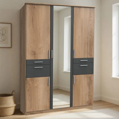 The Range Koblenz Planked Oak and Graphite 3 Door 135cm Wardrobe with Mirror - Oak