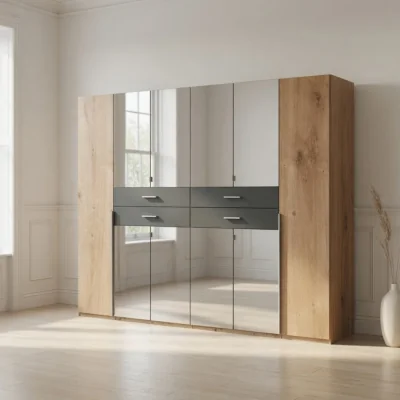 The Range Denver Planked Oak and Graphite 6 Door Wardrobe with Mirror and 4 Drawers - Oak