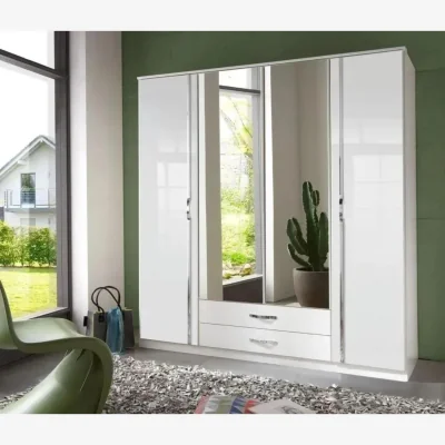 The Range Trio 4 Door Mirrored Wardrobe in Gloss White with Drawers - White