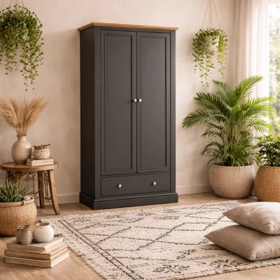 The Range Ardee 2-Door Dark Grey Wardrobe with Natural Oak Top and 1 Drawer - Grey