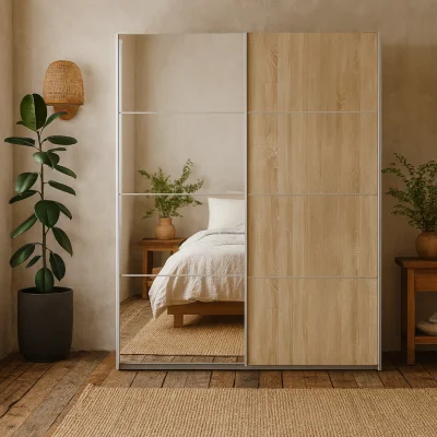 The Range Bordeaux Sliding Double Wardrobe with Mirror and Panels - Oak and mirror-effect panels