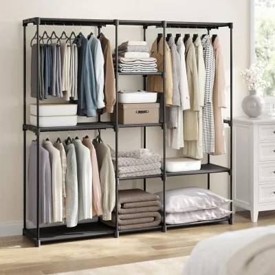 The Range Open Fabric Clothes Storage Wardrobe with Hanging Rails and Shelving System, Portable Closet Unit - Black