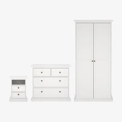 The Range Paris Package - Bedside 2 Drawers + Chest of 4 Drawers + Wardrobe with 2 Doors White - White