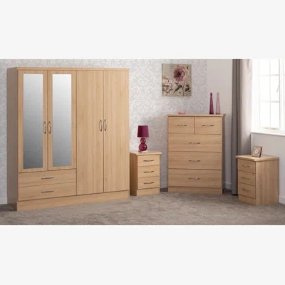 The Range Nevada 4 Door 2 Drawer Mirrored Wardrobe Bedroom Set - Sonoma Oak