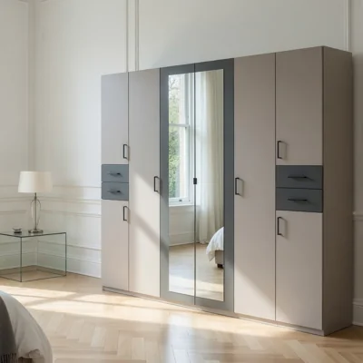 The Range Vegas 6 Door Mirrored 270cm Wardrobe in Sahara Grey with Drawers - Grey