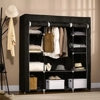 The Range Fabric Wardrobe Portable Wardrobe with 10 Shelves 1 Hanging Rail Black - Black