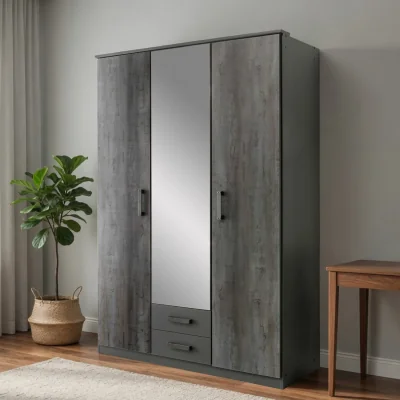The Range Duisberg Grey and Digi Steel 3 Door 135cm Wardrobe with Mirror - Grey