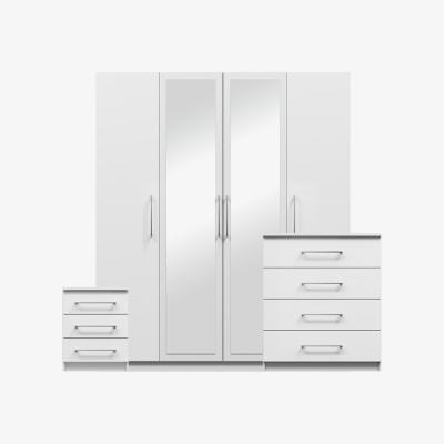 The Range Norvik 4 Door Wardrobe with 4 Drawer and Bedside Bedroom Set - White