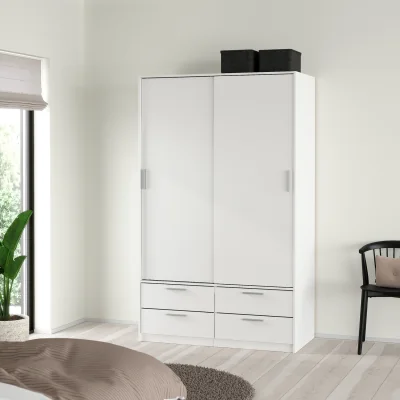 The Range Line Wardrobe with 2 Sliding Doors and 4 Drawers, White - White