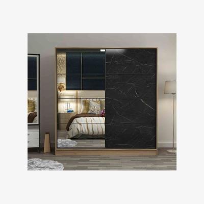 The Range Kale Mirrored Sliding Door Wardrobe 180 cm Walnut Frame - Walnut & Black / Finished in black marble-look and walnut colour / 172.45kg